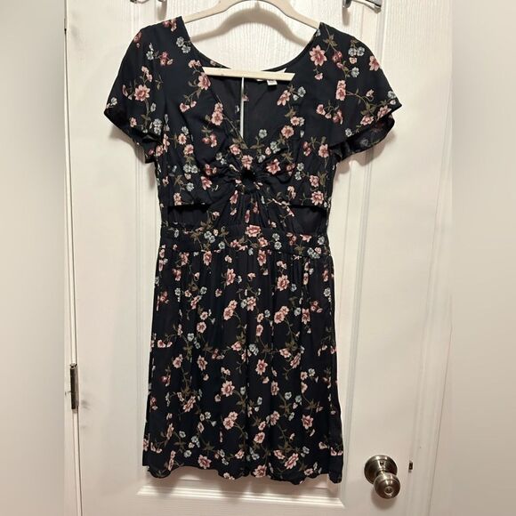 AEO Floral Keyhole Fit and Flare Dress cutout womens XS navy pink preppy cottage - Picture 1 of 16